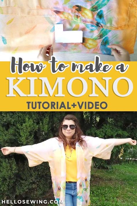 How To Make A Kimono Out Of A Scarf | DIY Kimono Sewing Pattern [FREE] ⋆ Hello Sewing Easy Kimono Pattern, Diy Kimono Pattern, Kimono Jacket Pattern Free, Diy Clothes Kimono, Kimono Pattern Free, Kimono Jacket Sewing Pattern, Make A Kimono, Kimono Tutorial, Kimono Jacket Pattern