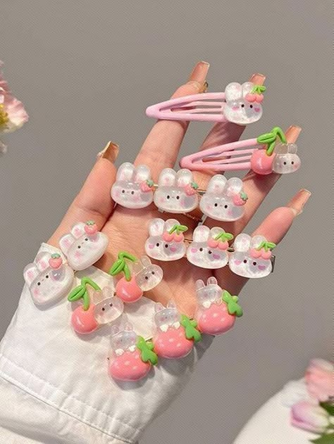 Side Hair Accessories, Rabbit Strawberry, Cartoon Y2k, Kawaii Hair Clips, Hair Acessories, Hair Tie Accessories, Pink Hair Clips, Cute School Stationary, Side Hair