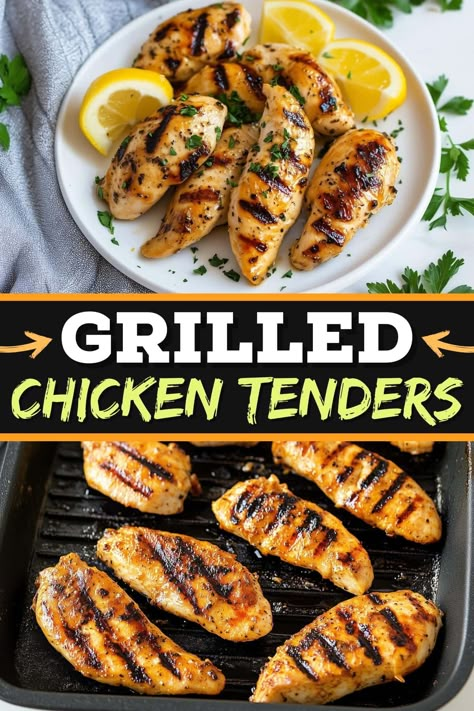 These grilled chicken tenders are juicy, flavorful, and so easy to make! They take less than 10 minutes on the grill! How To Make Grilled Chicken In The Oven, Indoor Grilled Chicken, Grilled Chicken Tenderloin Recipes, Grilled Chicken On Stove, Grilled Chicken Seasoning, Oven Grilled Chicken, Chicken Breast Marinade Recipes, Chicken Breast Marinade, Grilled Chicken Breast Recipes