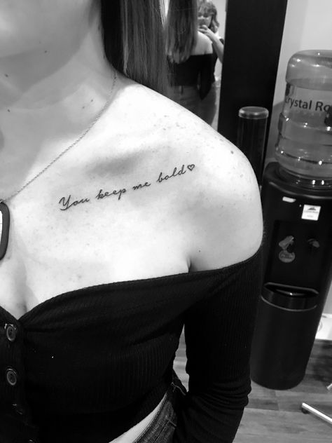 Black Women Collar Bone Tattoo, Classy Word Tattoos For Women, Collar Bone Lettering Tattoo, Colar Bone Tattoo Writing, Chest Tattoo Female Collar Bone, Colar Bone Tattoo Quotes, Script Collar Bone Tattoo, Collarbone Quote Tattoo, Under Collar Bone Tattoos For Women