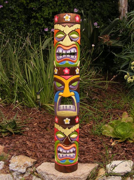 Backyard Decorating Ideas, Totem Pole Art, Tropical Bar, Tiki Masks, Wood Art Wall Decor, Backyard Decorating, Tiki Faces, Tiki Man, Decorative Masks