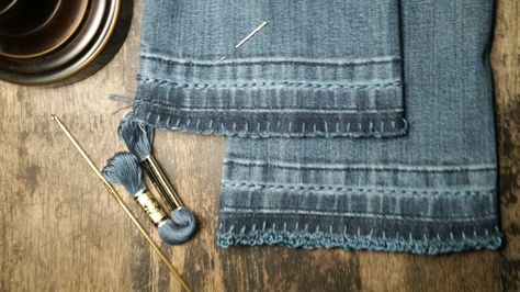 Lengthen jeans with embroidery floss. Open hem, press, blanket stitch then single crochet.  Chain stitch faded hem lines as desired! Jean Hem Embroidery, Lengthen Jeans Diy Ideas, How To Lengthen Jeans, Lengthen Jeans, Lengthening Jeans, Upcycle Pants, Jeans Hem, How To Make Jeans, Hem Embroidery