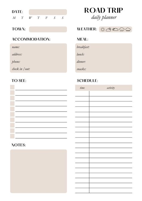 White Beige Aesthetic Elegant Road Trip Daily Planner - Templates by Canva Student Daily Planner, Student Planner Printable, Planner Writing, Road Trip Planner, Planner Setup, Budget Planner Template, Daily Planner Pages, Monthly Budget Planner, Trip Planner