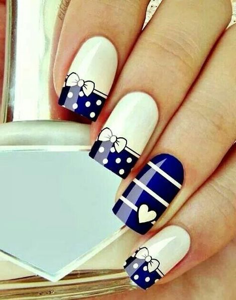 Navy blue & white bows and hearts Blue Nail Art Designs, Blue And White Nails, Cute Nail Art Designs, Her Nails, Nails Polish, Great Nails, Cute Nail Art, Fabulous Nails, Beautiful Nail Art