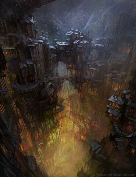 City in cave by SnowSkadi on deviantART Rpg City, Dwarven City, Cave City, Illustration Fantasy, Creation Art, Heroic Fantasy, Underground Cities, 다크 판타지, Fantasy City