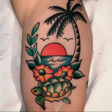 Traditional Tattoo Turtle, American Traditional Turtle, Traditional Turtle Tattoo, Island Tattoo, Palm Tattoos, Tattoos For Women Half Sleeve, Ocean Tattoos, Traditional Flash, Palm Tree Tattoo