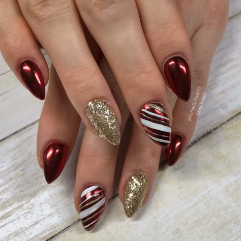 Almond gel nails, chrome, Christmas nails Christmas Biab Nails Red, December Nails Chrome, Red Christmas Chrome Nails, Christmas Metallic Nails, Red Chrome Christmas Nail Designs, Glazed Christmas Nails, Holiday Nails Acrylic Almond, Christmas Crome Nails, December Nails Almond Shape