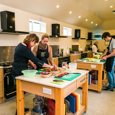 Cooking School Interior, Cooking School Design, Demo Kitchen, Cooking School Kitchen, Ada Kitchen, Teaching Kitchen, Yorkshire Wolds, Social Kitchen, Kitchen Workshop