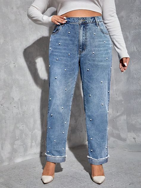 Light Wash  Collar  Denim Plain,All Over Print Tapered/Carrot Embellished Non-Stretch  Women Plus Clothing Wide Leg Jeans Plus Size, Embroidery Jeans Diy, Rhinestone Jeans, Jeans Outfit Women, Womens Fashion Jeans, Light Jeans, Denim Crafts, Jeans Diy, Short Jeans