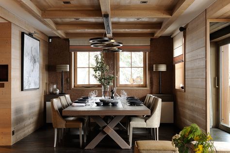 Dining table, designed by Jean-Marc Mouchet, made by Philippe Hurel workshop (special order) Mountain Interior Design, Modern Cabin Interior, Chalet Interior Design, Fine Furniture Design, Mountain Interiors, Ski Lodge Decor, Chalet Interior, Chalet Design, Jean Marc