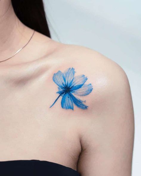 South Korean Tattoo, Uv Ink Tattoos, Blue Flower Tattoos, Blue Ink Tattoos, Korean Tattoo, Purple Tattoos, Korean Tattoo Artist, My Tattoos, Flower Tattoo Shoulder