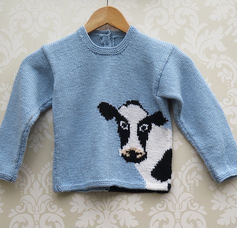 Picture Knitting, Intarsia Knitting Charts, Cow Sweater, Animals Crafts, Tea Cosy Knitting Pattern, Kids Knitting, Intarsia Knitting, Kids Knitting Patterns, Animal Sweater