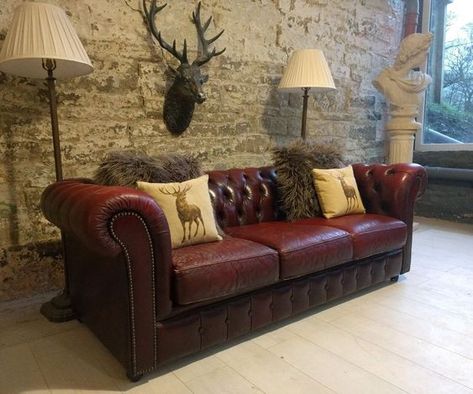 Oxblood leather upholstery. neutral colors in room. Cottage Snug, Red Leather Chesterfield Sofa, Snug Ideas, Red Sofa Living Room, Red Leather Couches, Breakout Room, Chesterfield Living Room, Burgundy Living Room, Leather Couches Living Room