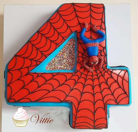 Number 4 Spiderman Cake, Cake With Spiderman, Spiderman Birthday Cake, Boys 1st Birthday Party Ideas, 4th Birthday Cakes, Fondant Baby, Number Four, Spiderman Cake, Sheet Cakes