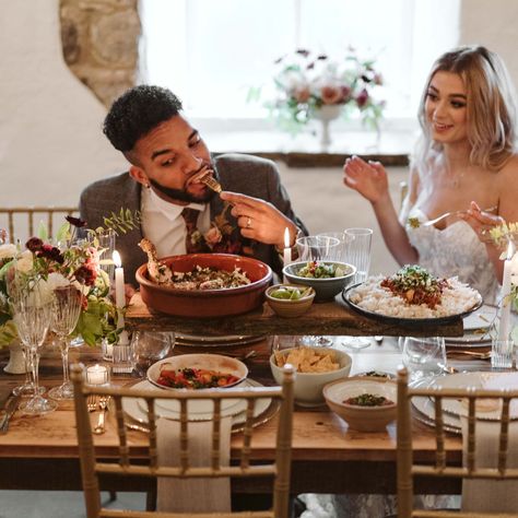 Bride and groom tucking in to a Mediterranean sharing feast on a table filled with autumnal florals and candles. Deer Wedding, Bouquet Photography, Golden Hour Photos, Wedding Buffet, Romantic Wedding Photos, Wedding Catering, Wedding Time, Wedding Food, Wedding Photoshoot