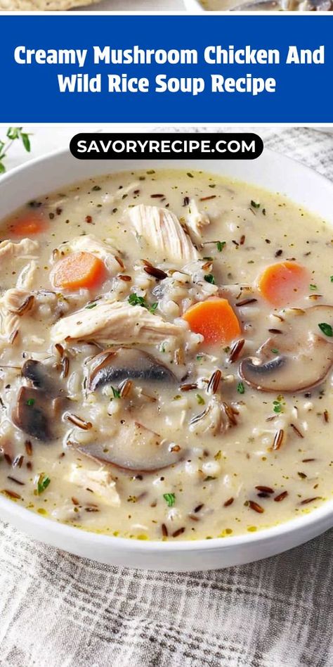 Warm up with our creamy mushroom chicken and wild rice soup recipe! This delightful soup is packed with savory flavors and wholesome ingredients. Tender chicken, wild rice, and mushrooms come together for a creamy, satisfying meal that’s perfect for family gatherings or cozy nights in. Enjoy this nourishing soup today! Wild Rice And Mushrooms, Chicken Mushroom Rice, Creamy Wild Rice Soup, Chicken And Wild Rice Soup, Wild Rice Soup Recipes, Chicken Wild Rice, Creamy Mushroom Chicken, Chicken Wild Rice Soup, Creamy Chicken And Rice