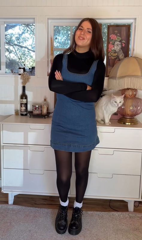 Outfit With Black Tights, Outfits With Black Tights, Jean Dress Outfit, Dress With Black Tights, Jeans Dress Outfit, Dresses With Black Tights, Black Tights Outfit, Tights Outfits, Outfit Inspo Casual