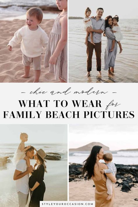 Wondering what to wear for beach family pictures? Get modern family beach pictures outfits to wear in the summer or for a winter getaway to somewhere warm. See beautiful color combos, neutral ensembles, pastel green, blue, pink, as well as simple white and black ideas! Go casual with jeans, or formal with dressy clothing! Blue White And Khaki Family Photo, Beach Family Photos Outfits Color Schemes, Beach Pictures Outfits, Beach Family Photos Outfits, Modern Outfit Ideas, Family Beach Pictures Outfits, Fall Beach Outfits, Beach Family Pictures, Beach Family Photoshoot