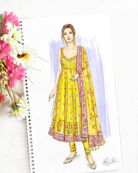 Kurti Illustration, Bollywood Illustration, Dress Illustration Art, Fashion Figure Drawing, Dress Illustration, Dress Design Drawing, Fashion Illustration Sketches Dresses, Fashion Design Sketchbook, Fashion Sketches Dresses