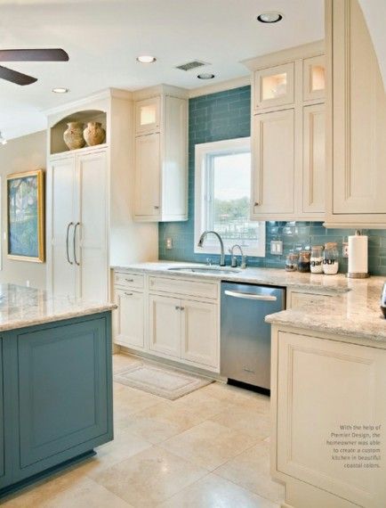 turquoise-and-white-dream-kitchen House Of Turquoise, Casa Vintage, Blue Cabinets, Coastal Kitchen, Large Kitchen, Counter Tops, Kitchen Remodel Idea, Kitchen Colors, White Cabinets