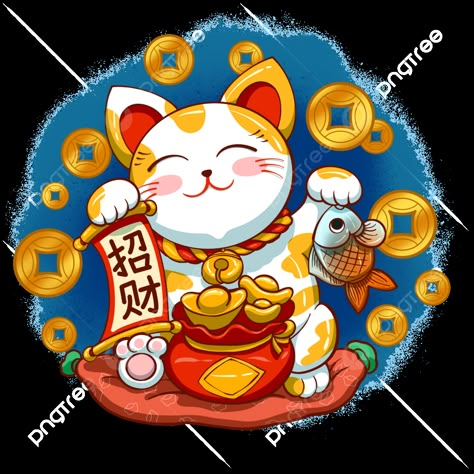 Lucky Cat Drawing, Meo Than Tai, Cute Lucky Cat, Lucky Cat Tattoo, Fish Background, Dot Stickers, Cat Hug, Smiling Cat, Cartoon Clouds