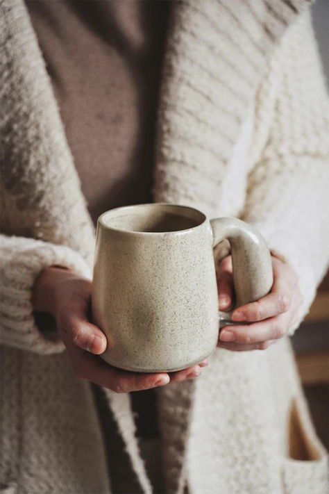 Cozy Hygge Vibes And Retro Style Pottery Ceramic Cup With Oversized Handle And Organic Shape Decor Big Mug Aesthetic, Pottery Coffee Cup, Mugs Photoshoot, Mug Product Photography, Coffee Mugs Aesthetic, Pottery Styles, Coffee Mugs Design, Coffee Shoot, Coffee Bar At Home