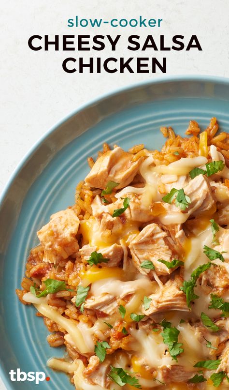 Dive into a dish that's so cheesy–and easy–it's fabulous! This three-ingredient slow-cooker meal preps in minutes and tastes like the spicy, comforting, delicious Mexican food you love. Cheesy Salsa Chicken, Family Recipies, Gf Dinners, Slow Cooker Meal Prep, Vacation Meals, Chicken Crockpot, Salsa Chicken, Chicken And Rice, Crock Pot Slow Cooker