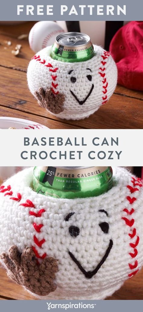 Free Baseball Can Cozy crochet pattern using Red Heart Super Saver yarn. This stylish cozy is a fun gift for Father’s day and perfect for keeping drinks cold while watching the game! Our Baseball Can Cozy has loads of personality, making it perfect for giving to your favorite baseball fans. #yarnspirations #freecrochetpattern #crochetcancozy #cancozy #drinkcozy #fathersday #giftideas #diygift #baseball #redheartsupersaver #supersaveryarn Crochet Fathers Day Gifts Free Pattern, Baseball Crochet Pattern, Can Cozy Crochet, Male Teacher Gifts, Can Cozy, Red Heart Super Saver Yarn, Heart Baseball, Drink Cozies, Bottle Cozies