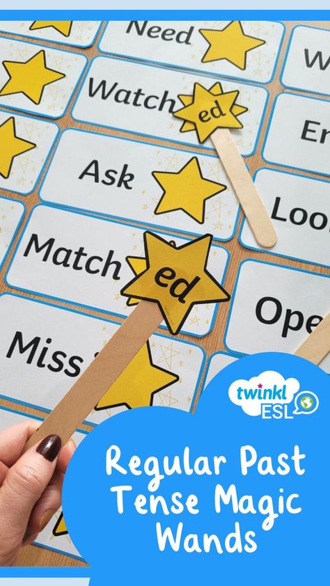 This resource with cards and wands is ready to help your little learners practise regular past tense verbs. You can build up a story about a magician or fairy who has the power to send verbs into the past, and then practise the pronunciation of these words. The cards include a variety of verbs suitable for A1/A2 level learners, which have the three different 'ed' pronunciations: - t -d - id Verbs Activities For Kids, Past Tense Verbs Activities, Grammar Activities For Kids, Past Tense Activities, Verbs Games, Verb Activity, Verb Tenses Activities, Regular Past Tense Verbs, Verbs For Kids