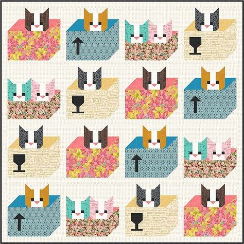 Cats In Pajamas Quilt, Free Cat Quilt Block Pattern, Free Animal Quilt Block Patterns, Free Cat Quilt Patterns, Cat Quilts Ideas, Cat Craft Ideas, Bug Quilt, Cute Design Ideas, Basic Quilting