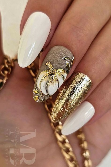 Nails With Gold Glitter Accent, Almond Nails With Gold, Nails With Gold Glitter, Pumpkin Nail Designs, Pumpkin Nail, White Almond Nails, Pumpkin Nail Art, Nails With Gold, Gold Pumpkin