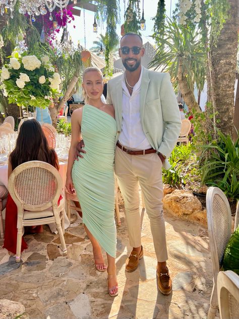 Ibiza wedding, mint green dress Ibiza Wedding Guest Outfit Men, Beach Formal Men Wedding, Mexico Wedding Guest Dress Men, Couple Outfit For Wedding Guest, Semi Formal Mens Wedding Attire, Tropical Semi Formal Outfit Men, Guys Cocktail Attire, Couple Cocktail Attire, Summer Wedding Guest Couple