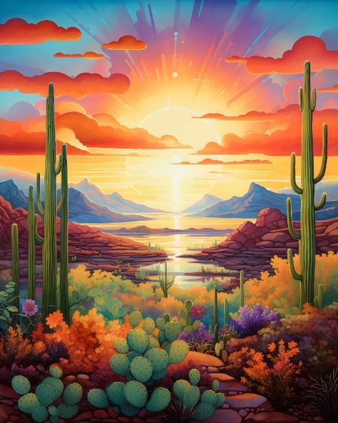 Cactus Digital Art, Western Graphics, Desert Scenes, Mountains Watercolor, Arizona Art, Spring Display, Desert Dreamer, Diamond Art Kits, Arizona Landscape