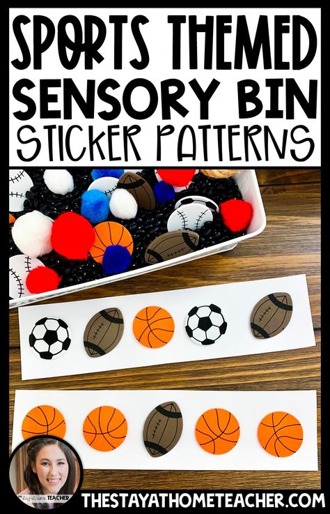 Balls Sensory Bin, Sport Math Activities For Preschool, Baseball Sensory Bin, Sports Theme Preschool Crafts, Sports Sensory Bin Preschool, Sports Curriculum Preschool, Sports Theme Lesson Plan For Preschool, Sports Theme Activities For Toddlers, Sport Activities For Kindergarten