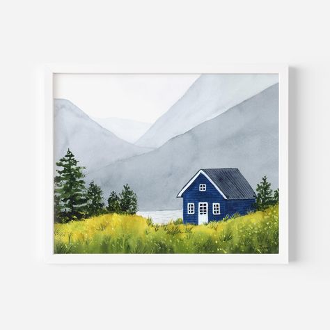 Norwegian Landscape Art Print | Watercolor Blue House, Mountains and Spring Flowers in Norway | Nordic Wall Decor | Art Gift for home Canvas Party Ideas, Norwegian Landscape, Landscapes Watercolor, Canvas Party, Nordic Wall Decor, House Illustrations, Spring Yellow, Vibrant Landscape, Landscape Art Print