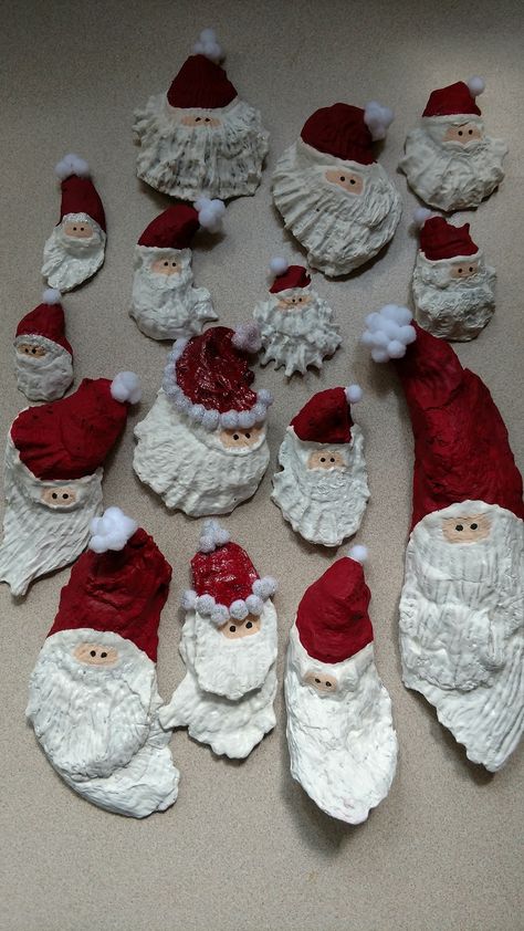 Oyster Shell Santa Ornaments Diy, Painting Oyster Shells Diy Christmas, Ornaments With Shells, Santa Shell Ornament, Things To Make With Oyster Shells, Santa Oyster Shells, Oyster Shell Santa Ornaments, Crafts With Oyster Shells, Oyster Shell Painting Ideas