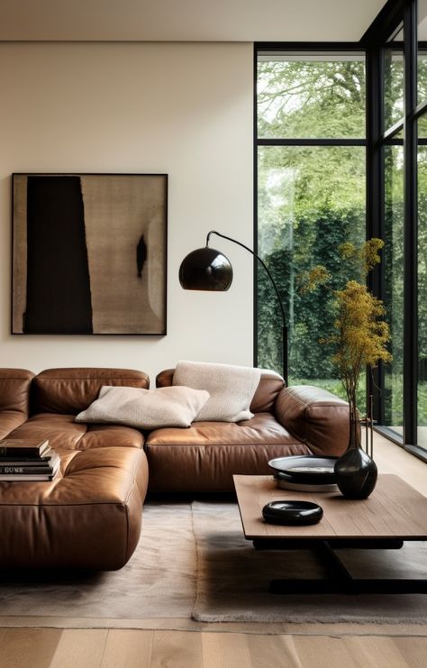 Idée déco canapé cuir marron : ces 7 styles de salons adaptés Dark Brown Sofa Leather, Luxury Brown Sofa, Bar Table Design, Klaussner Brown Leather Sofa, Brown Lesther Sofa, Deco Salon, Style Salon, Mid Century Living, Interior Concept