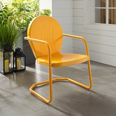 Turn on the Brights Griffith Patio Dining Chair Color: Tangerine Vintage Metal Chairs, Metal Patio Chairs, Metal Outdoor Chairs, Metal Outdoor Furniture, Metal Armchair, Chaise Metal, Metal Chair, Steel Chair, Small Outdoor Spaces