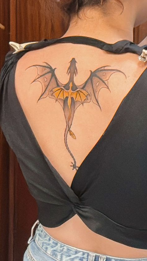 Dragon Tattoo For Women Wrap Around Arm, Fourth Wing Back Tattoo, Aries Dragon Tattoo, Dragon Tattoo Fourth Wing, The Fourth Wing Tattoo, Tairn And Andarna Tattoo, Fourthwing Tattoos, Fourth Wing Dragon Tattoo, Fourth Wing Tattoo Designs