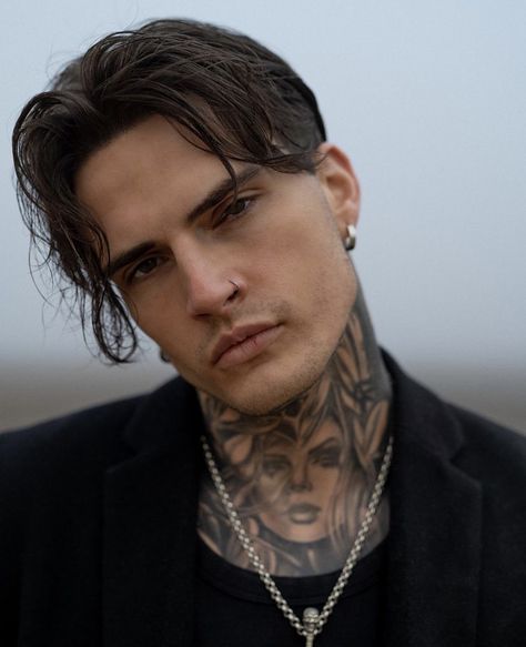 Male Face Claims Tattoo, Tattooed Dark Haired Men, Dark Hair And Tattoos Man, Tattooed Long Haired Men, Dark Hair Tattoos Men, Male Face Claims Black Hair, Dark Romance Men, Dark Hair Male Character Inspiration, Charlie Edwards