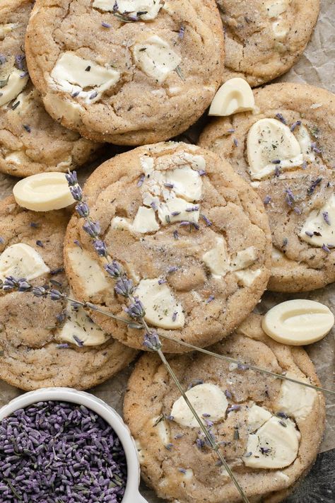 Lavender White Chocolate Chip Cookies Lavender Vanilla Cookies, Lavender White Chocolate Cookies, Lavender Chocolate Chip Cookies, Recipes With Fresh Lavender, Farm Stand Recipes, Baking With Lavender, Chocolate Chip Cookie Variations, Interesting Cookie Recipes, Lavender Baked Goods