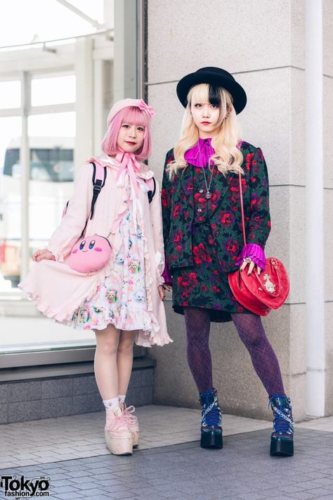 Japanese Street Styles w/ Pink Bob, Two-Tone Hair, Hats, Nile Perch, Vintage Suit, Kirby Bag, Vivienne Westwood, Alice and the Pirates, Yosuke & Swankiss Japanese Vogue, Pastel Pink Coat, Black Bowler Hat, Nile Perch, Cat Print Dress, Pink Bob, Bunka Fashion College, Burberry Print, Vintage Suit