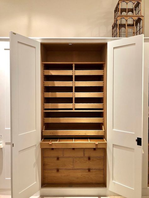 Pantry Cabinet Wall, Built In Pantry Cabinet, Wall Cabinets As Base Cabinets, Built In Pantry Cabinet Wall, Wall Pantry Ideas, English Bedroom, Wall Pantry, Plain English Kitchen, Luxury Kitchen Cabinets