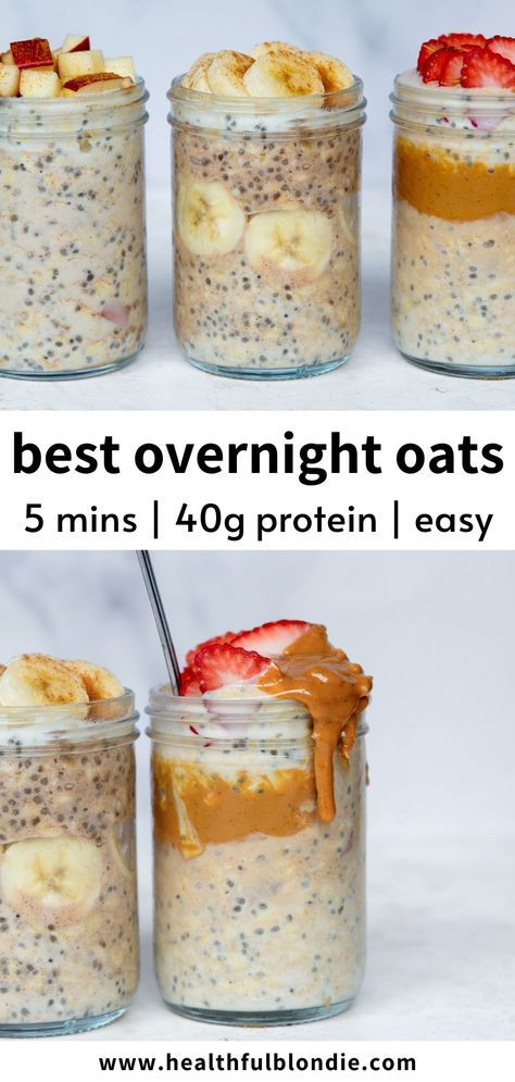 This high-protein overnight oats recipe has over 40 grams of protein per serving! Use any protein powder and choose from over 10 variations, including PB&J, apple pie, and banana bread—the perfect 5-minute healthy meal prep breakfast or snack. Healthy Breakfast Meal Prep Protein, Protein To Go Breakfast, Healthy Lunch And Breakfast Ideas, While Food Breakfast, High Protein Overnight Oats Dairy Free, Protein Powder And Banana Recipes, Overnight Oats Whole 30, Mealprep Breakfast High Protein, Best Breakfast Ideas Healthy