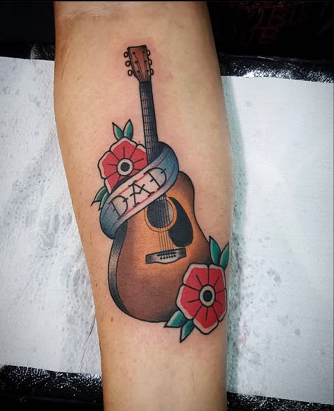 American Traditional Cassette Tattoo, Traditional Piano Tattoo, Music American Traditional Tattoo, Old School Guitar Tattoo, American Traditional Guitar Tattoo, Traditional Guitar Tattoo, Traditional Dad Tattoo, Gd Tattoo, Traditional Tattoo Music