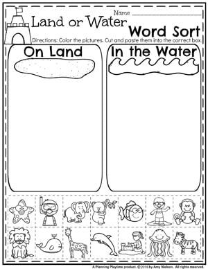 Animal Habitats Preschool Worksheets, Sea Worksheets Preschool, Animals Live In Water And Land Worksheet, Land And Water Animals Worksheet, Preschool Activities English, Ocean Preschool Worksheets, Land Animals Worksheet, Beach Worksheets For Preschool, Ocean Prek Activities