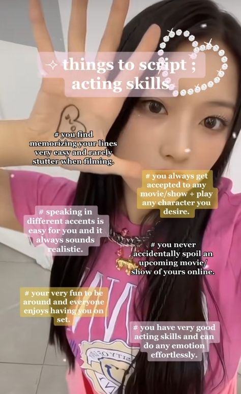 things to script ; acting skills Practice Acting Scripts, Skills For Dr, Acting Class Outfit, Acting Scripts To Practice 1 Person, Acting Scripts To Practice Two People, Imperfections To Script, Acting Scripts To Practice For Teens, Traits To Script, Voice Acting Tips