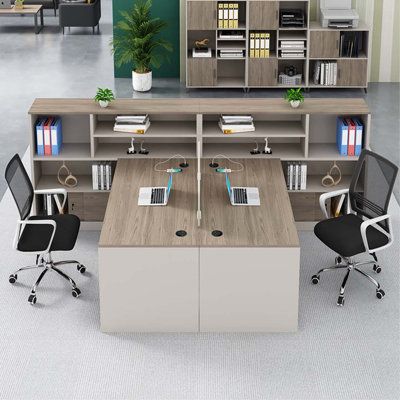 Simple modern office clerk accounting special workbench. Size: 43.31" H x 59.06" W x 110.24" D | LINK NORTH L-Shaped Workstation 2 Person in Brown | 43.31 H x 59.06 W x 110.24 D in | Wayfair Small Office Space Two Desks, Home Office For 2 People Workspaces, Two Person Workspace, Office Desk 3 People, Office Space For 3 People, Office Decor For Two People, Clerk Desk, Small Office 2 Desks, Small Office For Two People