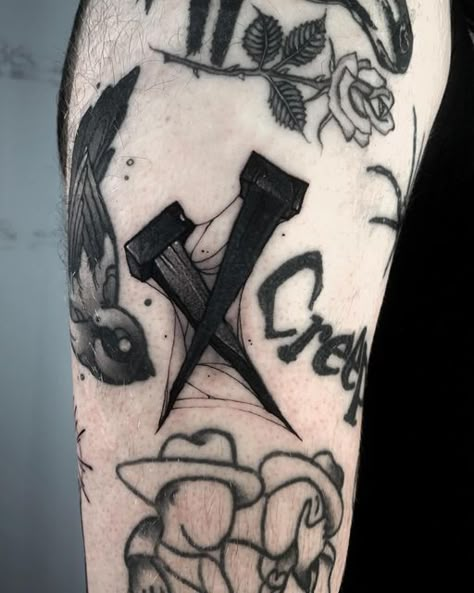 Small Black Out Tattoo, Coffin Nail Tattoo, Tattoo Dark Work, Dark Tattoo Sleeve, Take Care Tattoo, Name Coverup Tattoo, Dark Work Tattoo, Coverup Tattoo Design For Man, Small Coverup Tattoo