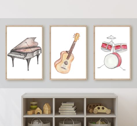 Musical instruments watercolor wall art, guitar, piano, drum set, gender neutral nursery bedroom wall art, 11x14, set of 3,digital download Music Nursery Theme, Classic Rock Themed Nursery, Rock Music Nursery, Musical Nursery, Music Nursery Art, Music Themed Nursery, Hp Nursery, Music Nursery, Room Music